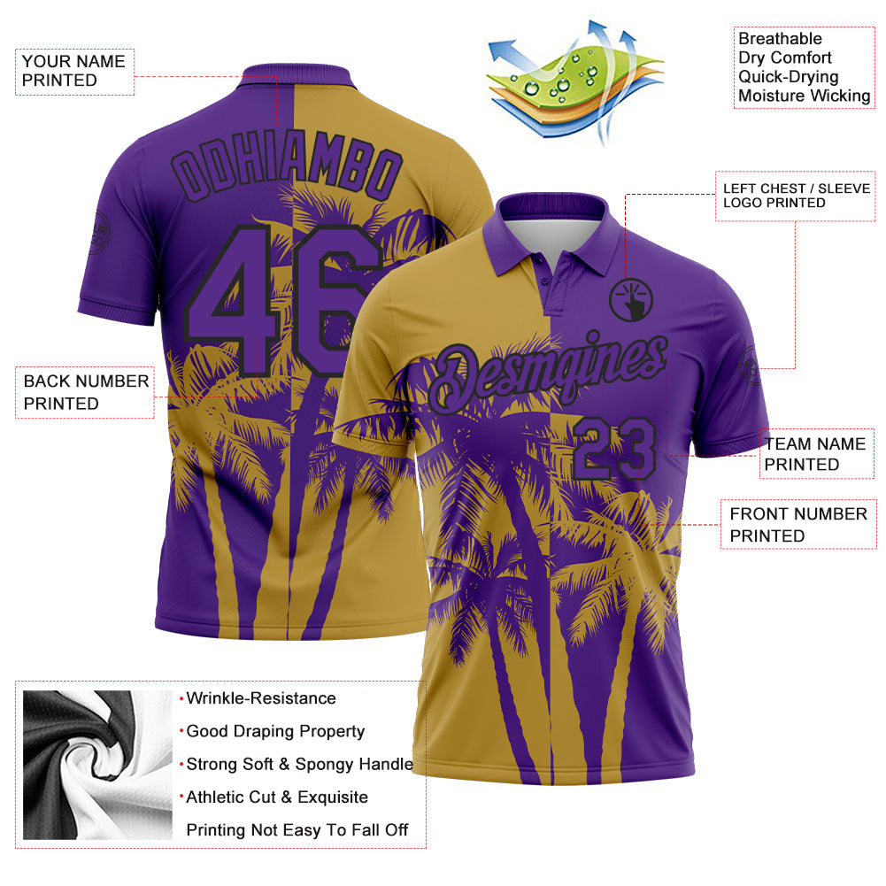Custom Purple Old Gold-Black Hawaii Tropical Coastal Palm Trees Performance Polo Shirt