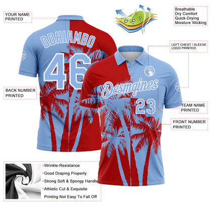 Custom Light Blue Red-White Hawaii Tropical Coastal Palm Trees Performance Polo Shirt