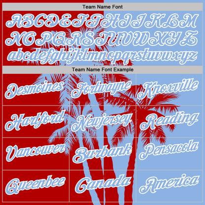 Custom Light Blue Red-White Hawaii Tropical Coastal Palm Trees Performance Polo Shirt