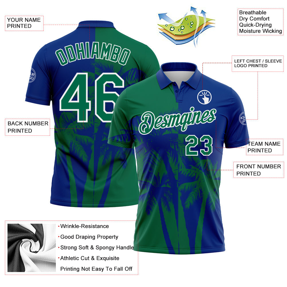 Custom Royal Kelly Green-White Hawaii Tropical Coastal Palm Trees Performance Polo Shirt