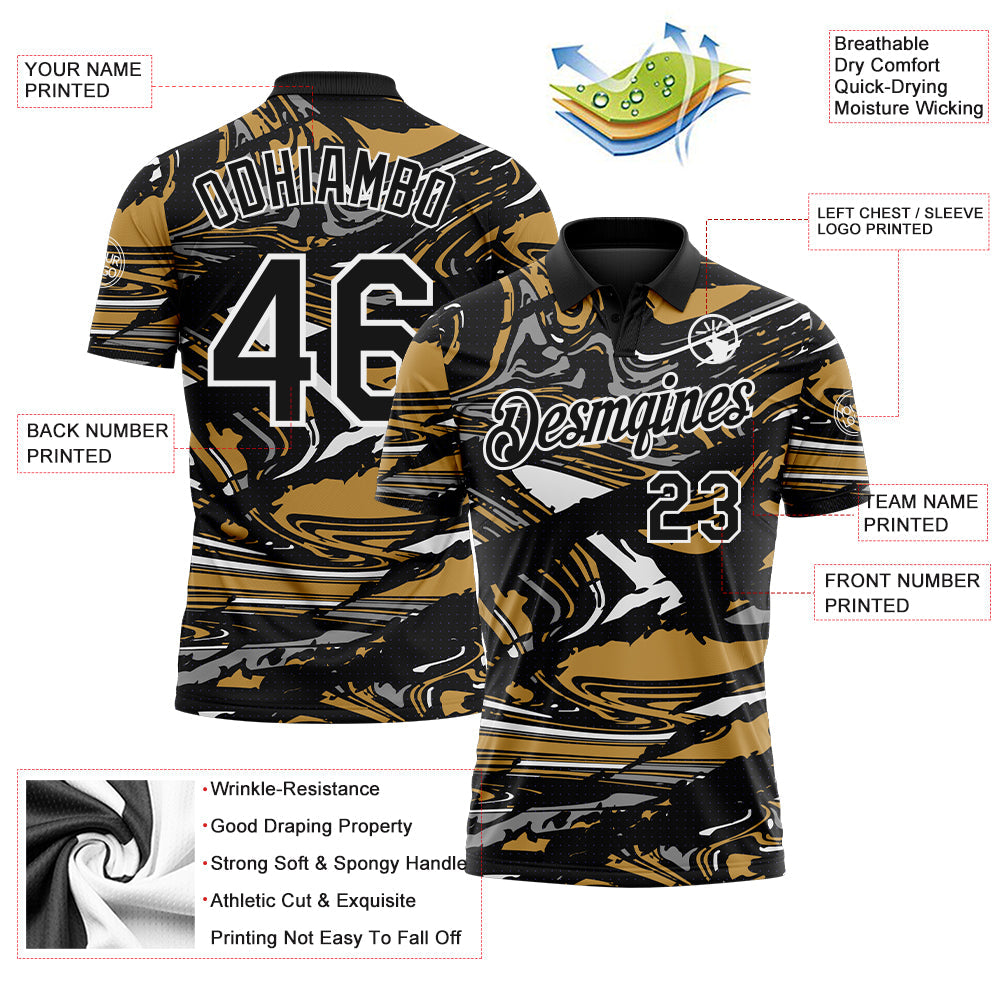 Custom Black Old Gold Gray-White 3D Pattern Abstract Fluid Marble Performance Polo Shirt