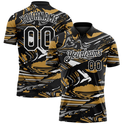 Custom Black Old Gold Gray-White 3D Pattern Abstract Fluid Marble Performance Polo Shirt