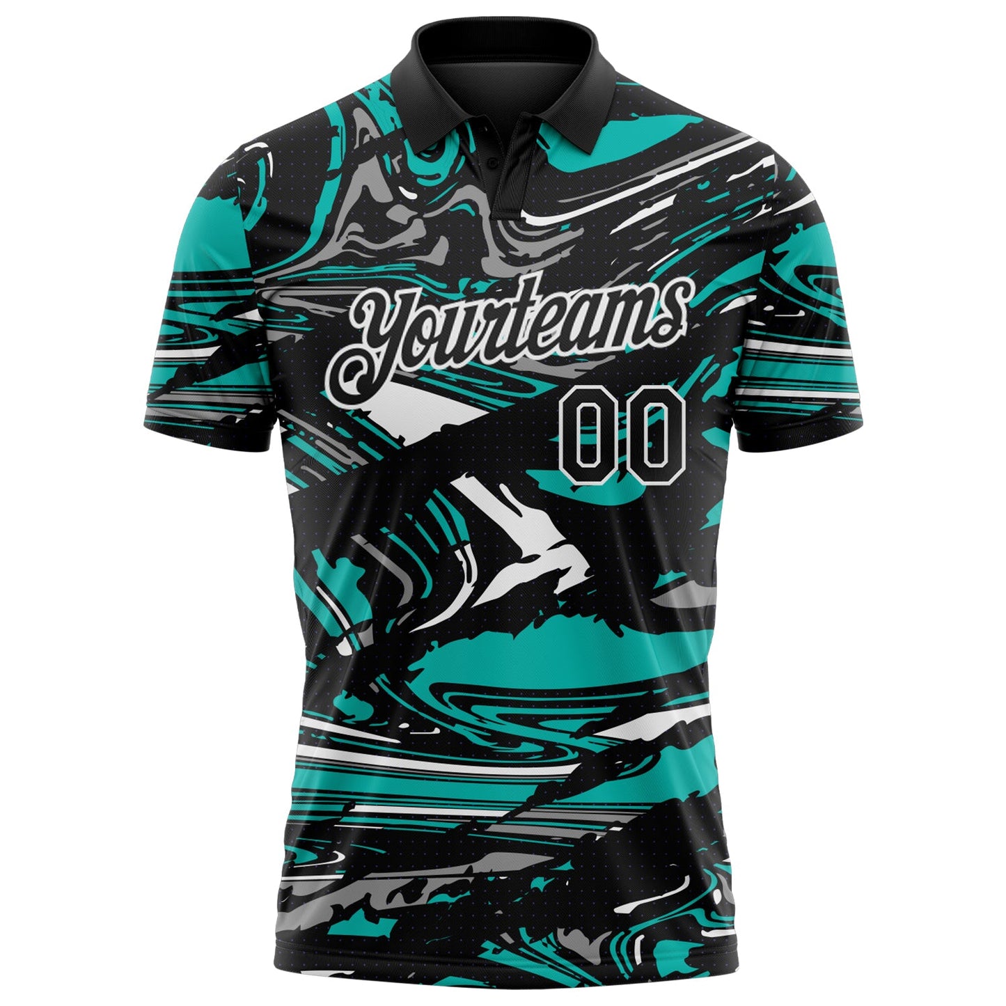 Custom Black Aqua Gray-White 3D Pattern Abstract Fluid Marble Performance Polo Shirt