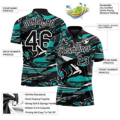 Custom Black Aqua Gray-White 3D Pattern Abstract Fluid Marble Performance Polo Shirt