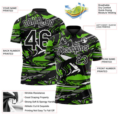 Custom Black Aurora Green Gray-White 3D Pattern Abstract Fluid Marble Performance Polo Shirt