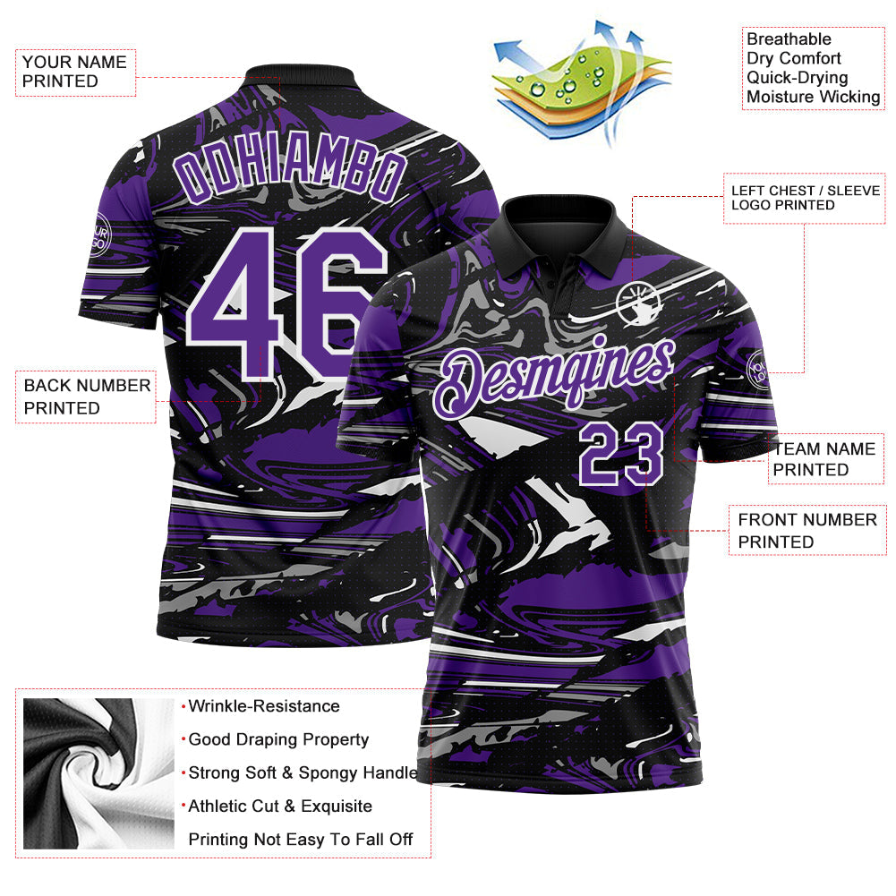 Custom Black Purple Gray-White 3D Pattern Abstract Fluid Marble Performance Polo Shirt