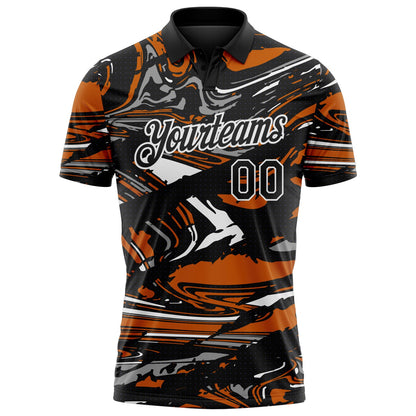 Custom Black Texas Orange Gray-White 3D Pattern Abstract Fluid Marble Performance Polo Shirt