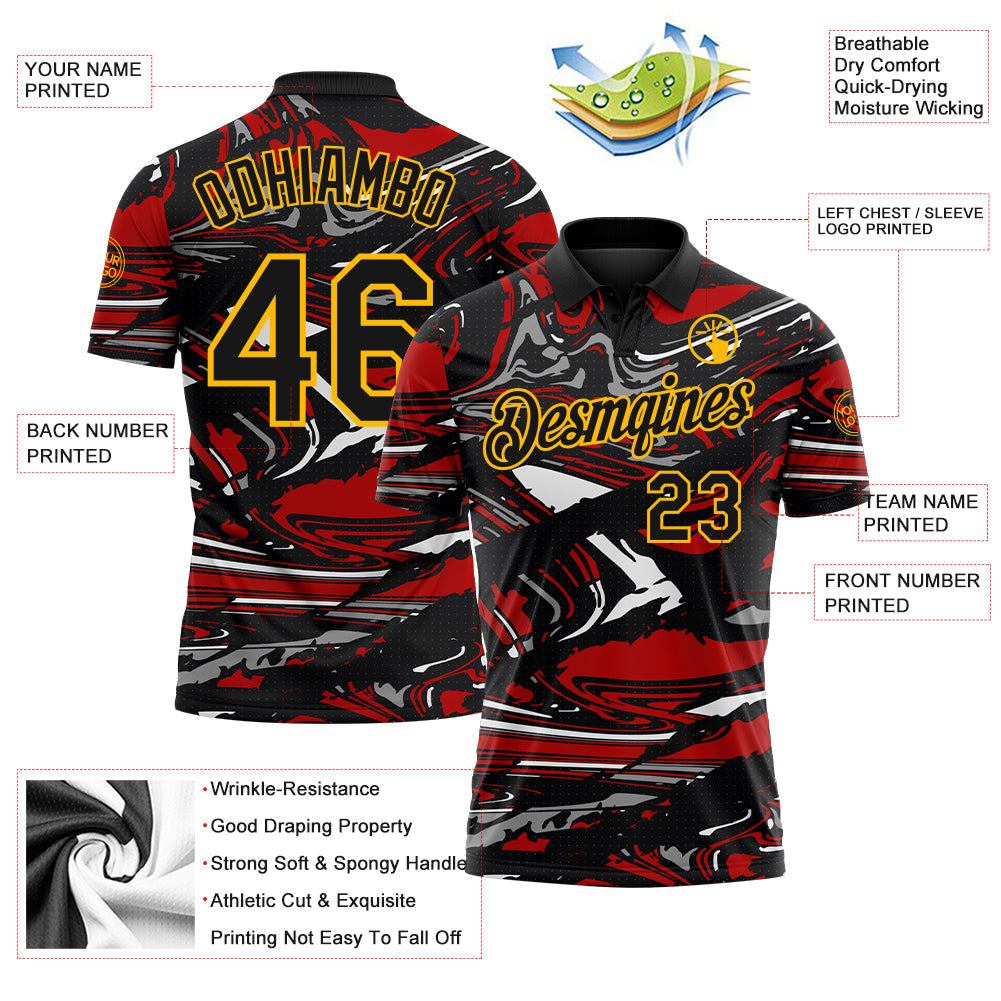 Custom Black Red Gray-Gold 3D Pattern Abstract Fluid Marble Performance Polo Shirt