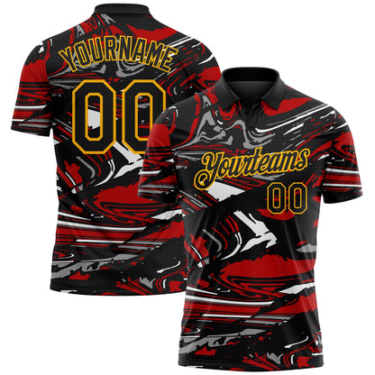 Custom Black Red Gray-Gold 3D Pattern Abstract Fluid Marble Performance Polo Shirt