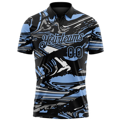 Custom Black Light Blue-Gray 3D Pattern Abstract Fluid Marble Performance Polo Shirt