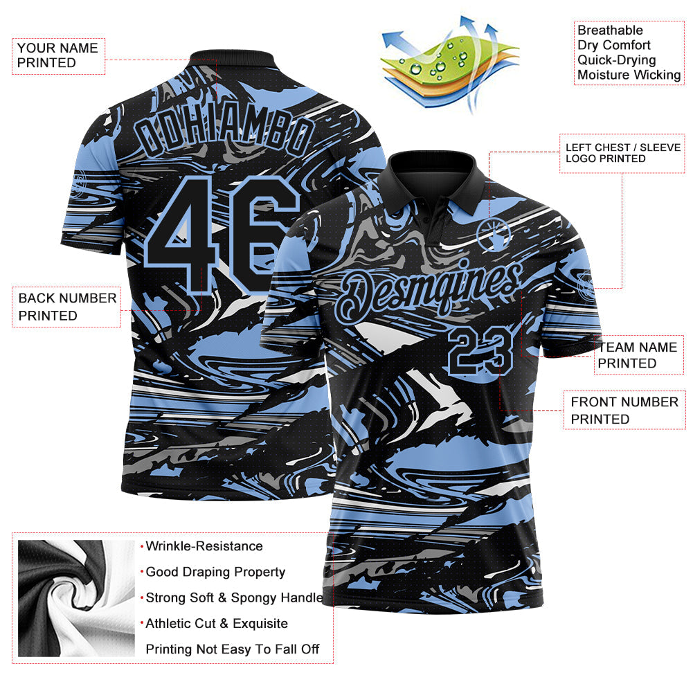 Custom Black Light Blue-Gray 3D Pattern Abstract Fluid Marble Performance Polo Shirt