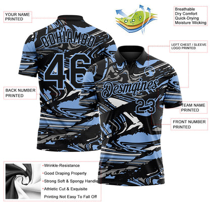 Custom Black Light Blue-Gray 3D Pattern Abstract Fluid Marble Performance Polo Shirt