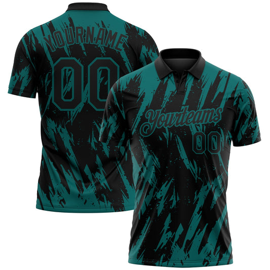 Custom Black-Teal Torn Sharp Brush Stroke Splatter Performance Polo Shirt