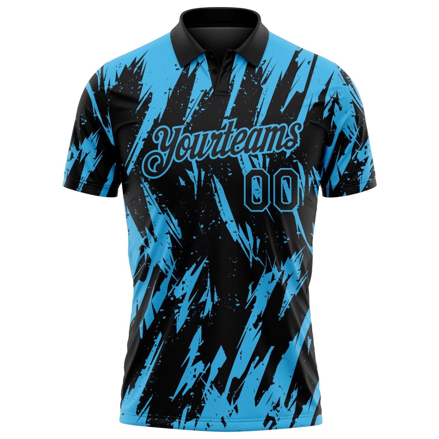 Custom Black-Sky Blue Torn Sharp Brush Stroke Splatter Performance Polo Shirt
