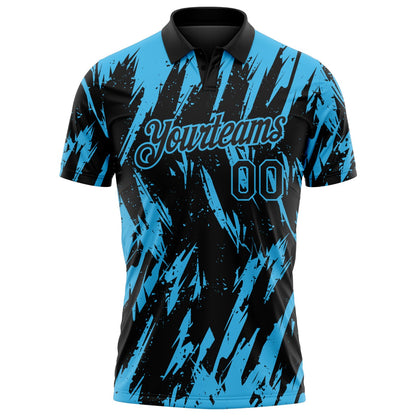 Custom Black-Sky Blue Torn Sharp Brush Stroke Splatter Performance Polo Shirt