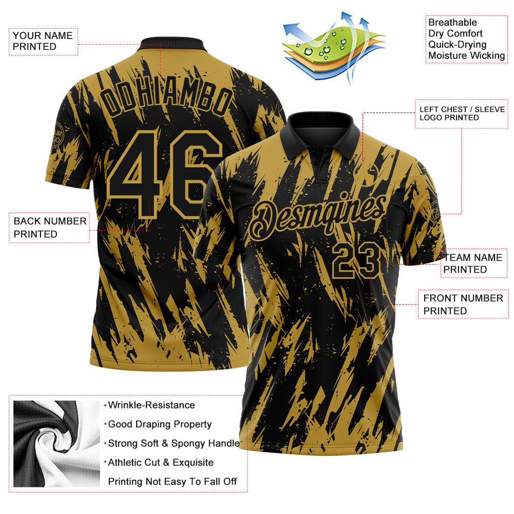 Custom Black-Old Gold Torn Sharp Brush Stroke Splatter Performance Polo Shirt