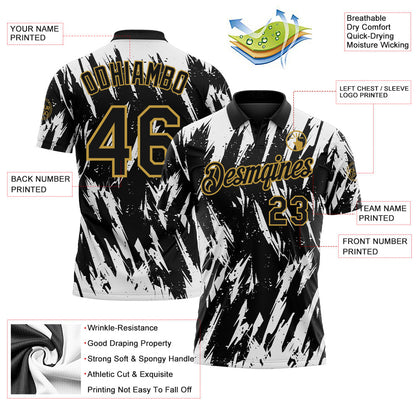 Custom Black White-Old Gold Torn Sharp Brush Stroke Splatter Performance Polo Shirt