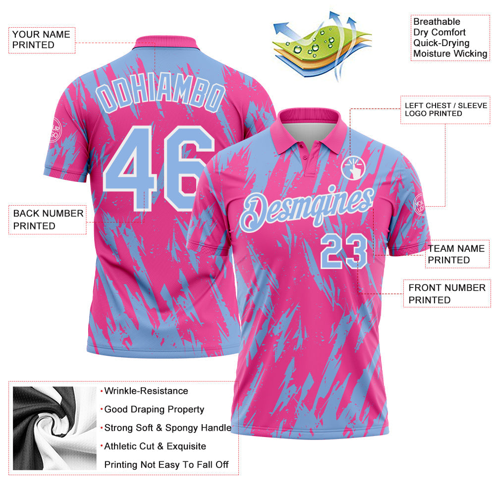 Custom Pink Light Blue-White Torn Sharp Brush Stroke Splatter Performance Polo Shirt