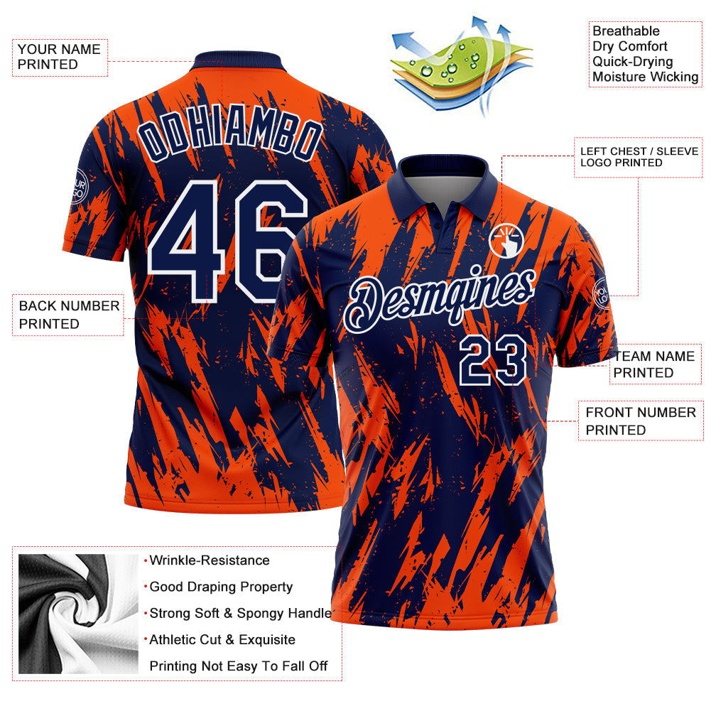 Custom Navy Orange-White Torn Sharp Brush Stroke Splatter Performance Polo Shirt