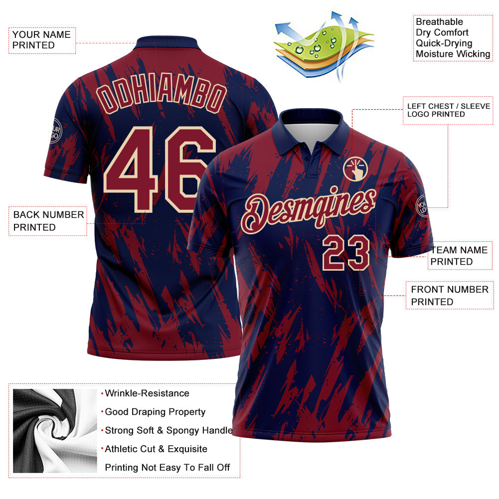 Custom Navy Crimson-City Cream Torn Sharp Brush Stroke Splatter Performance Polo Shirt