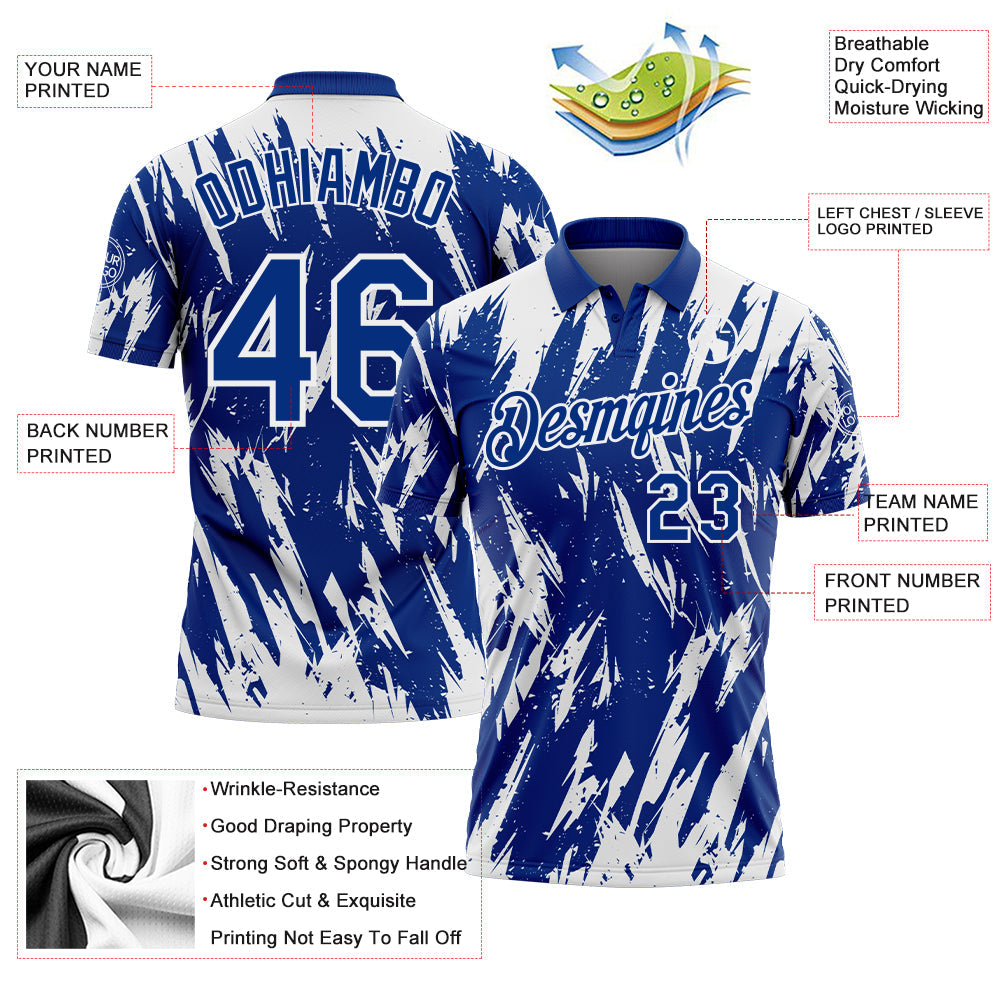 Custom Royal-White Torn Sharp Brush Stroke Splatter Performance Polo Shirt