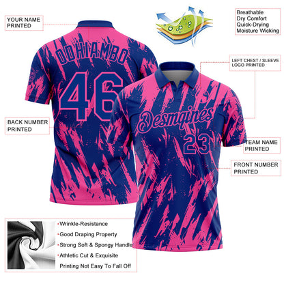 Custom Royal-Pink Torn Sharp Brush Stroke Splatter Performance Polo Shirt