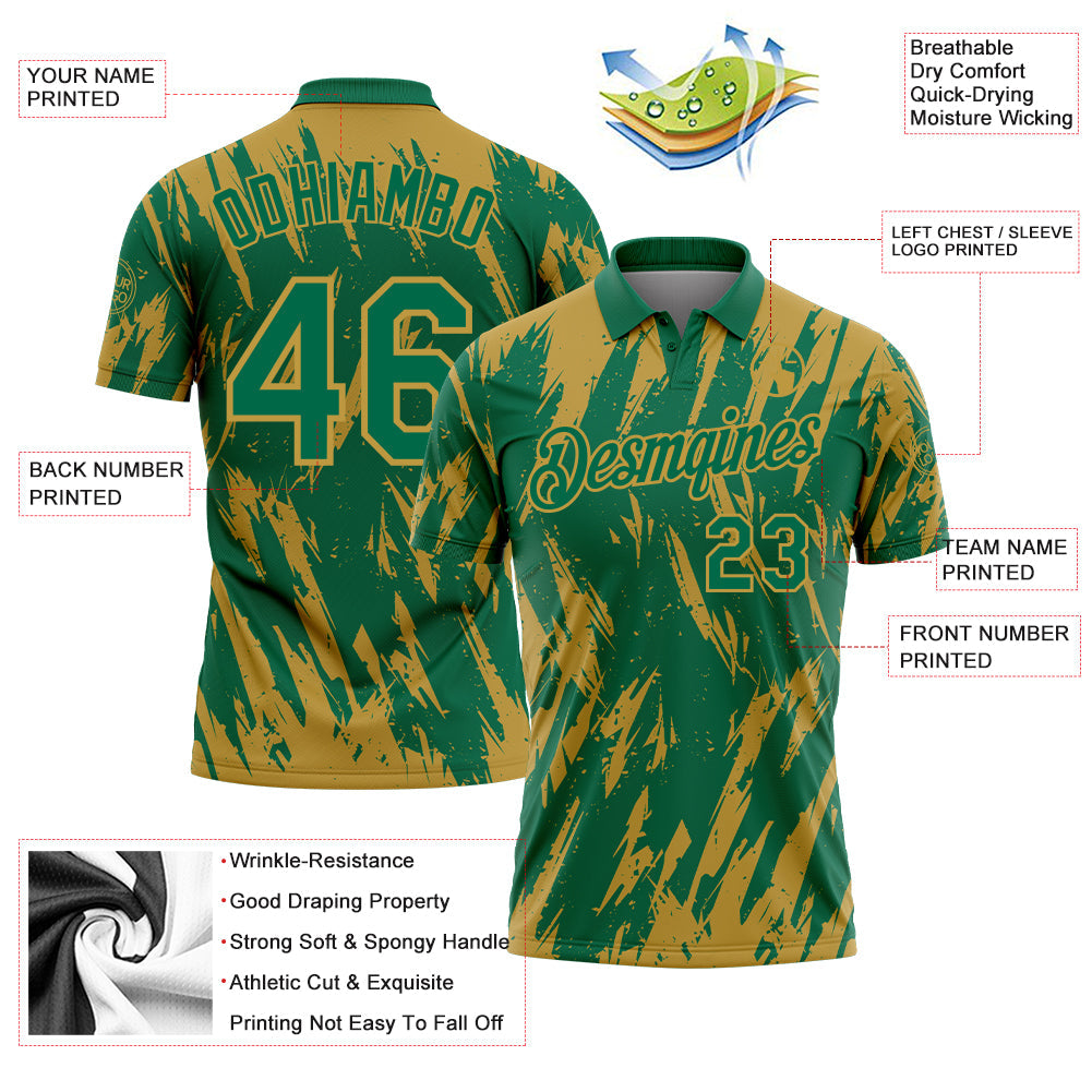 Custom Kelly Green-Old Gold Torn Sharp Brush Stroke Splatter Performance Polo Shirt