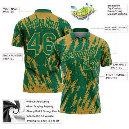 Custom Kelly Green-Old Gold Torn Sharp Brush Stroke Splatter Performance Polo Shirt