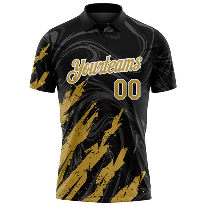 Custom Black Old Gold-White Brush Stroke Splatter Liquid Swirl Performance Polo Shirt