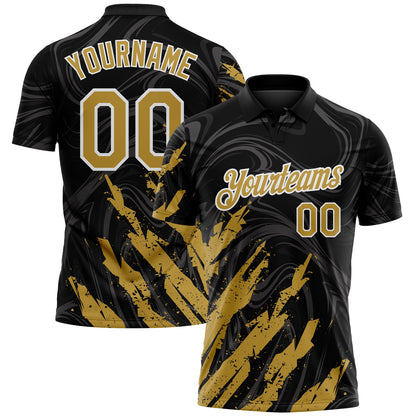 Custom Black Old Gold-White Brush Stroke Splatter Liquid Swirl Performance Polo Shirt