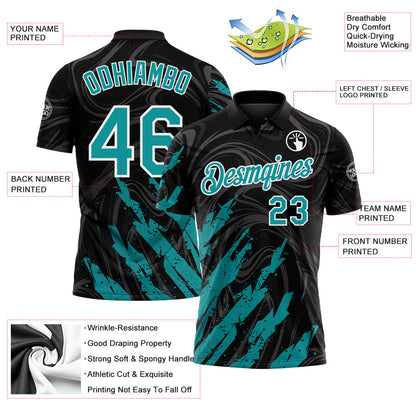 Custom Black Teal-White Brush Stroke Splatter Liquid Swirl Performance Polo Shirt