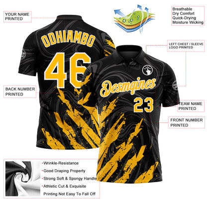 Custom Black Gold-White Brush Stroke Splatter Liquid Swirl Performance Polo Shirt