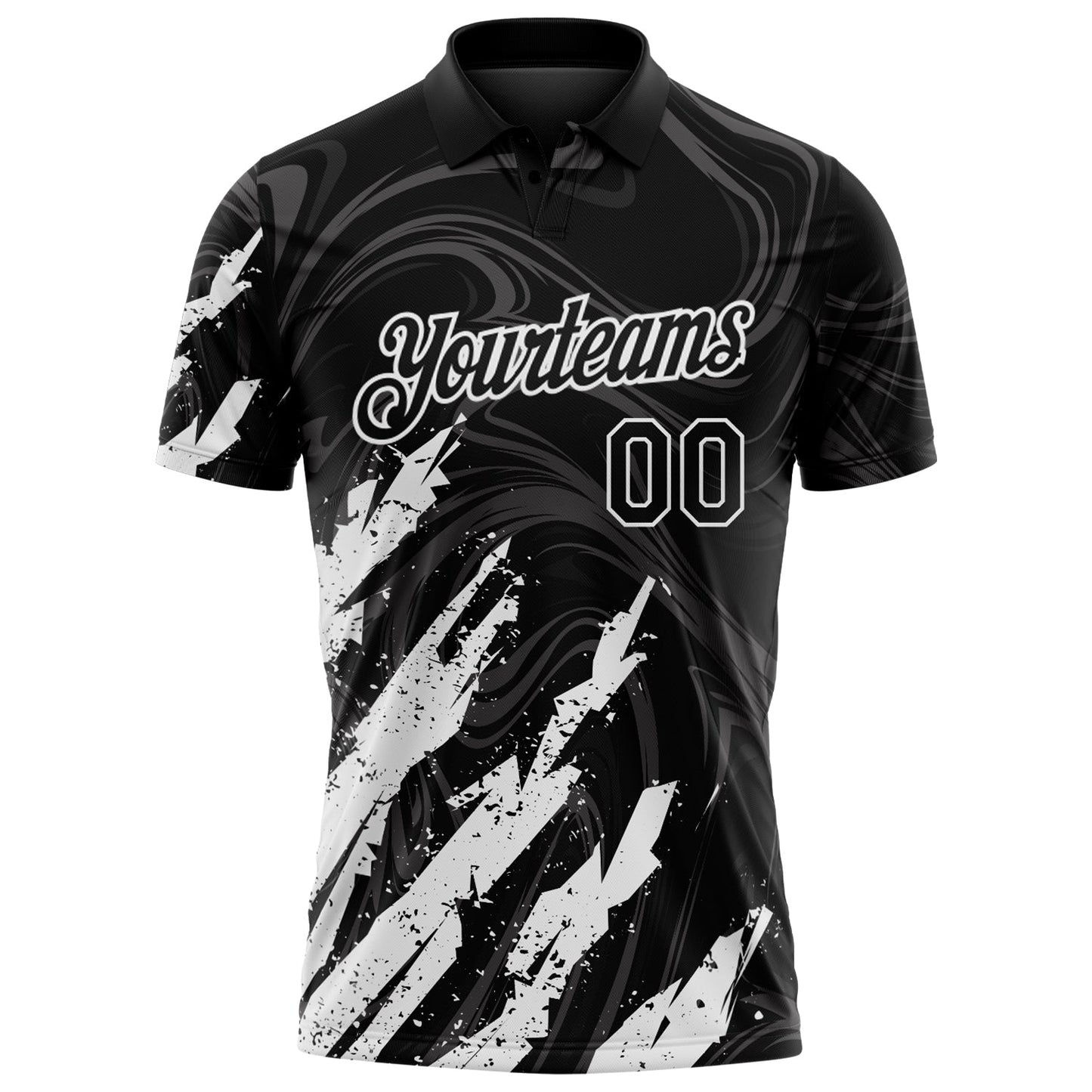 Custom Black-White Brush Stroke Splatter Liquid Swirl Performance Polo Shirt