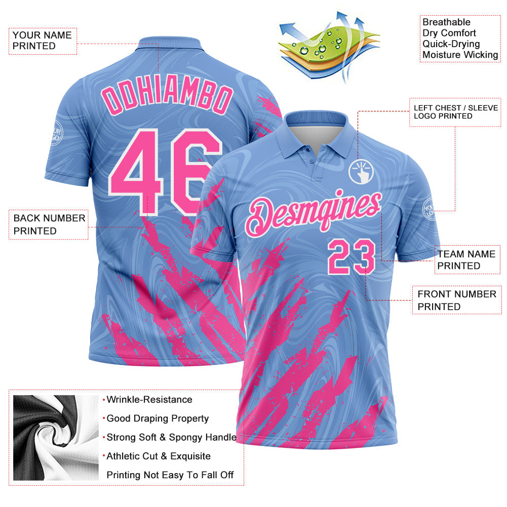 Custom Light Blue Pink-White Brush Stroke Splatter Liquid Swirl Performance Polo Shirt