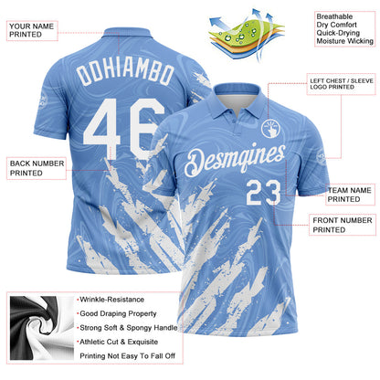 Custom Light Blue-White Brush Stroke Splatter Liquid Swirl Performance Polo Shirt