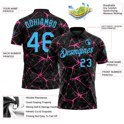 Custom Black Sky Blue-Pink 3D Pattern Abstract Network Crackle Performance Polo Shirt