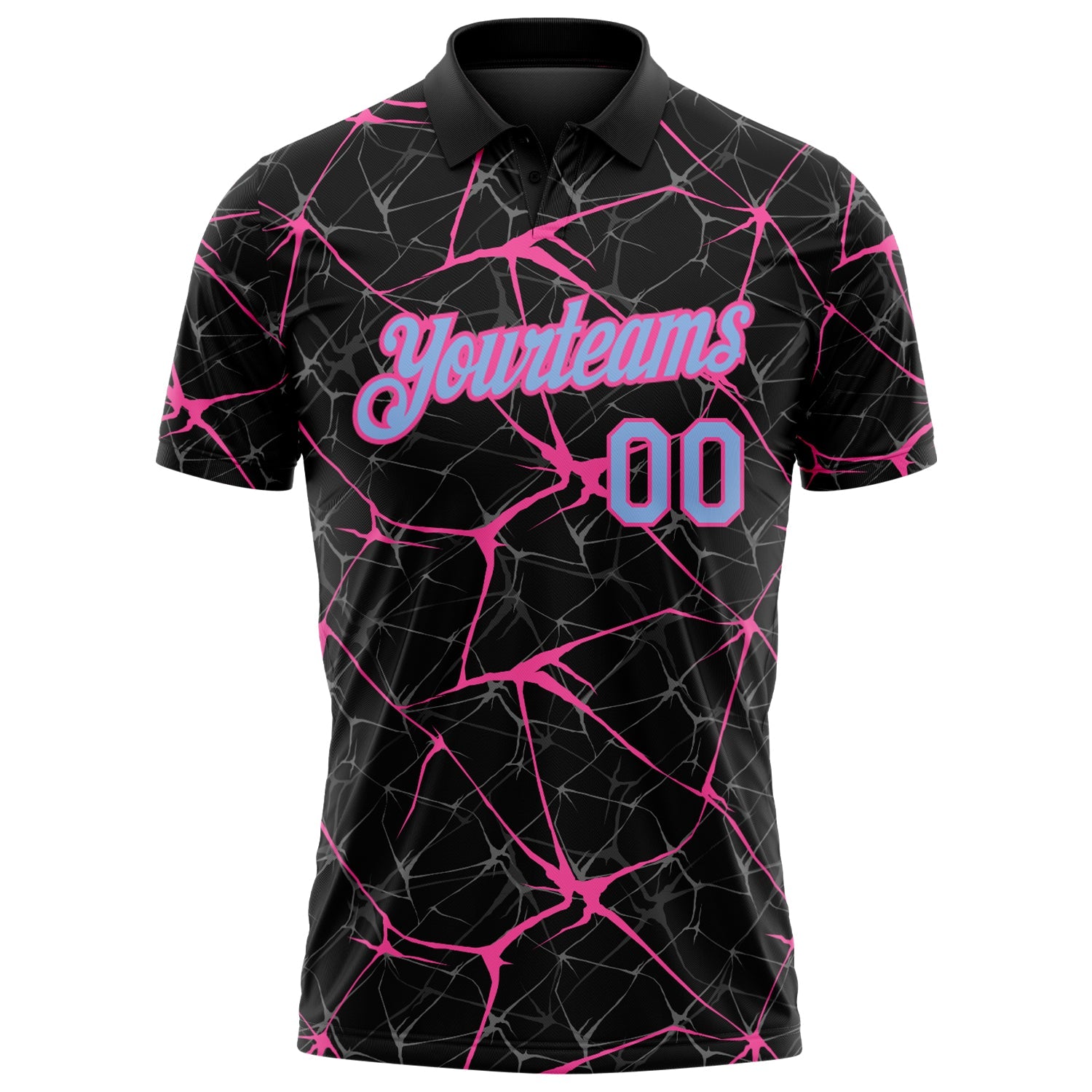 Custom Black Light Blue-Pink 3D Pattern Abstract Network Crackle Performance Polo Shirt