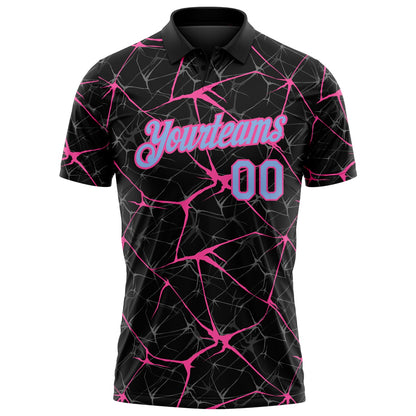 Custom Black Light Blue-Pink 3D Pattern Abstract Network Crackle Performance Polo Shirt