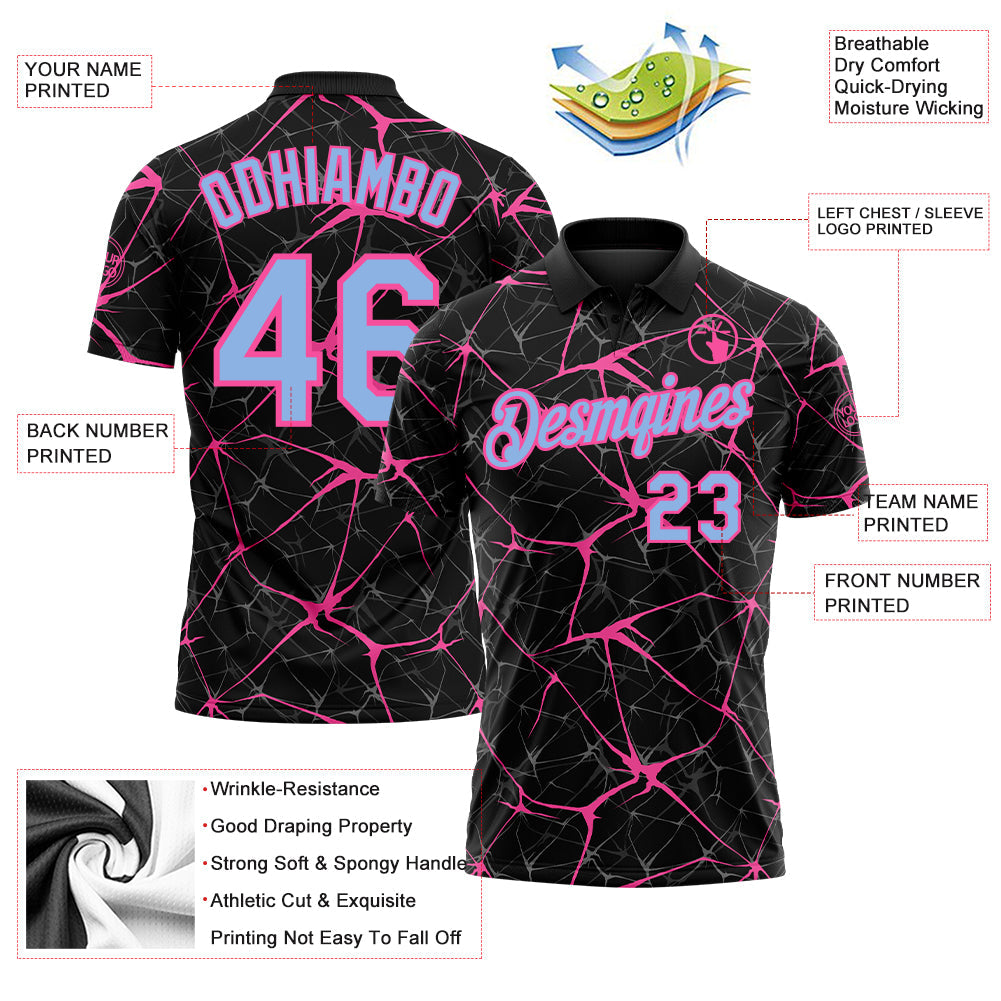 Custom Black Light Blue-Pink 3D Pattern Abstract Network Crackle Performance Polo Shirt
