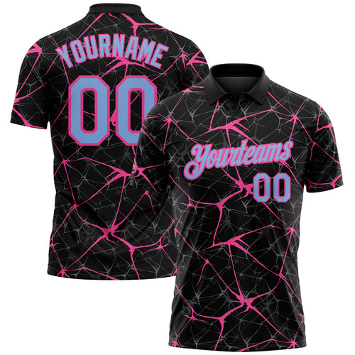 Custom Black Light Blue-Pink 3D Pattern Abstract Network Crackle Performance Polo Shirt