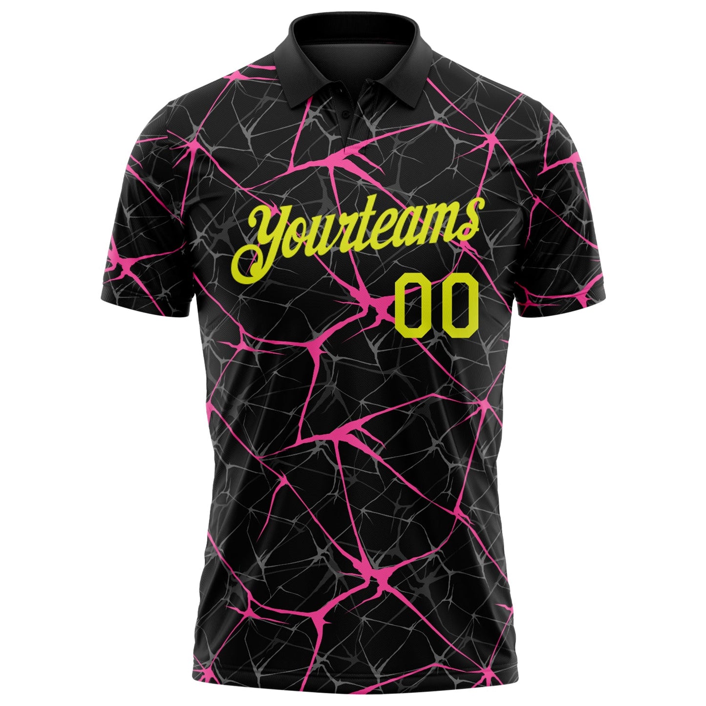 Custom Black Neon Yellow-Pink 3D Pattern Abstract Network Crackle Performance Polo Shirt