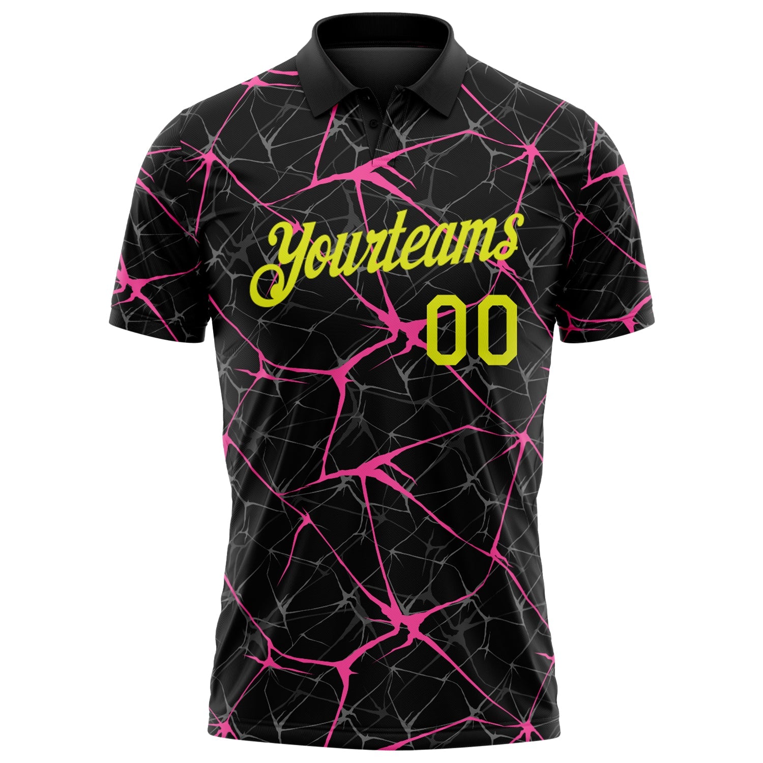 Custom Black Neon Yellow-Pink 3D Pattern Abstract Network Crackle Performance Polo Shirt