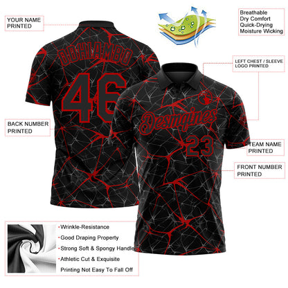 Custom Black-Red 3D Pattern Abstract Network Crackle Performance Polo Shirt