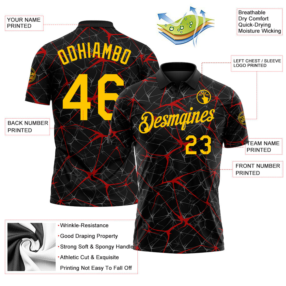 Custom Black Yellow-Red 3D Pattern Abstract Network Crackle Performance Polo Shirt