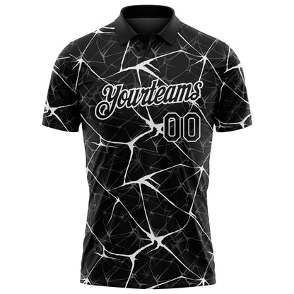 Custom Black-White 3D Pattern Abstract Network Crackle Performance Polo Shirt