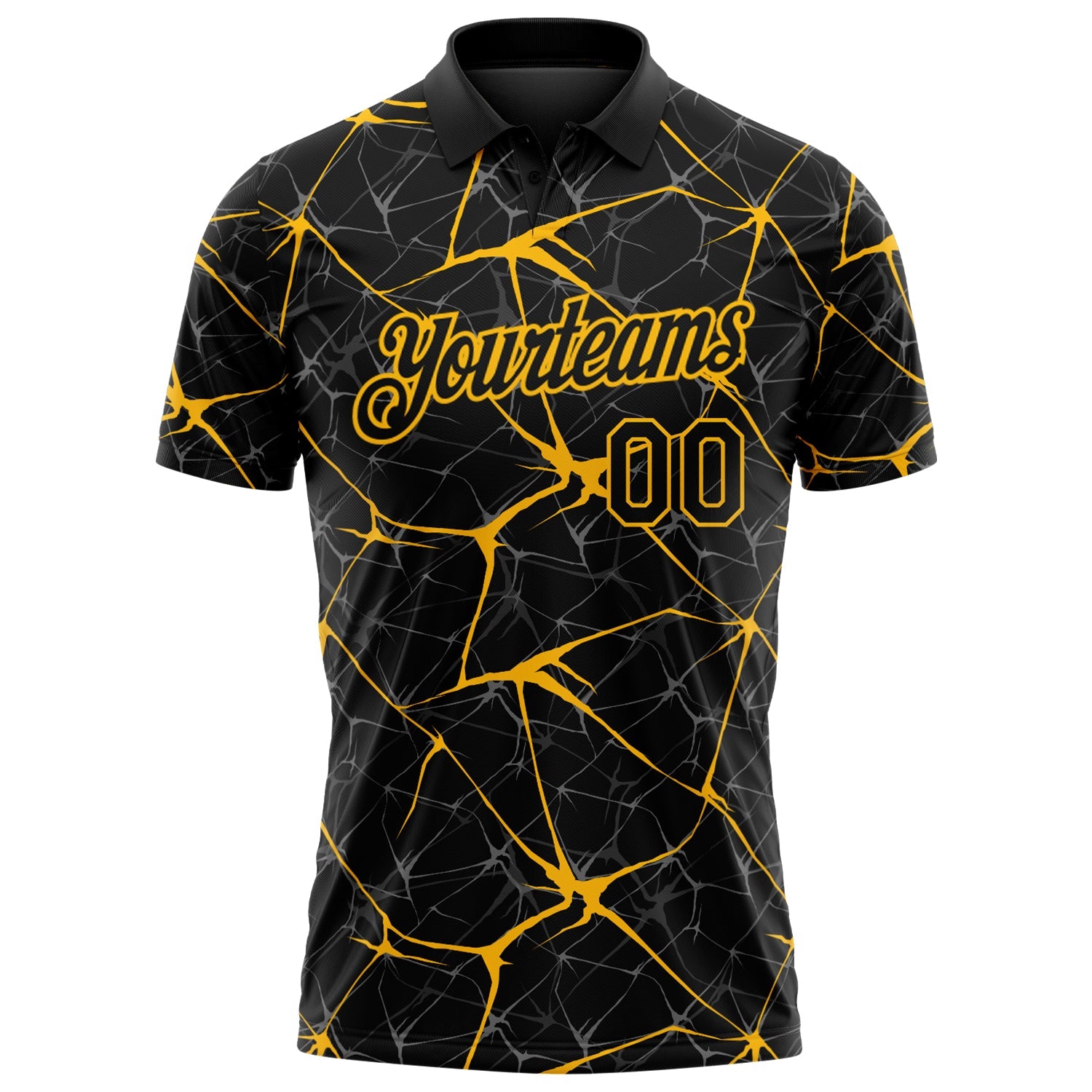 Custom Black-Gold 3D Pattern Abstract Network Crackle Performance Polo Shirt