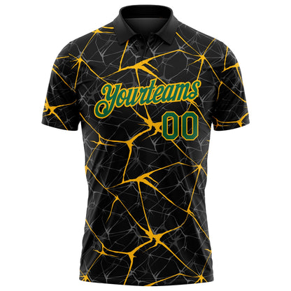 Custom Black Kelly Green-Gold 3D Pattern Abstract Network Crackle Performance Polo Shirt