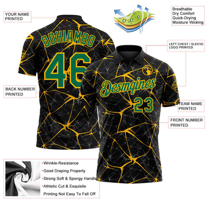 Custom Black Kelly Green-Gold 3D Pattern Abstract Network Crackle Performance Polo Shirt