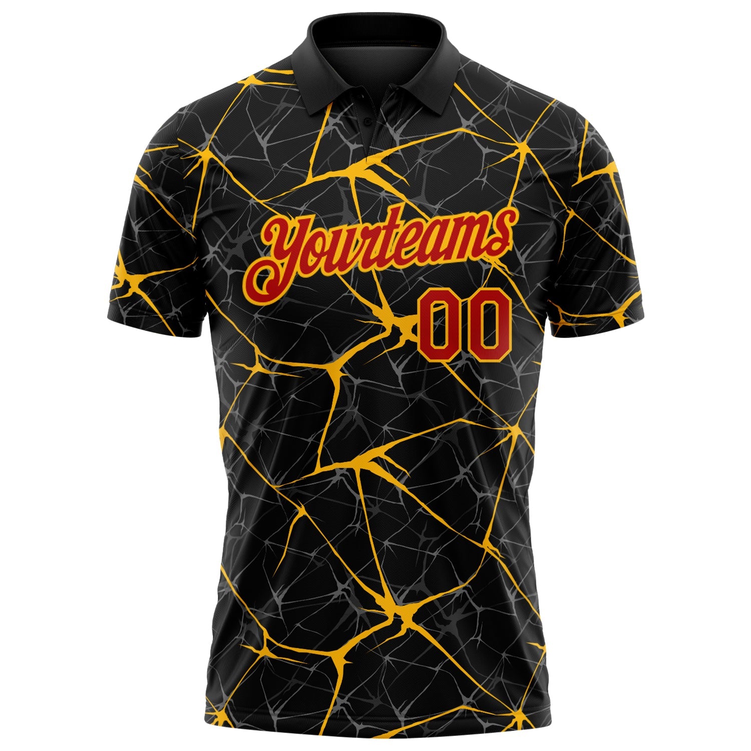 Custom Black Red-Gold 3D Pattern Abstract Network Crackle Performance Polo Shirt