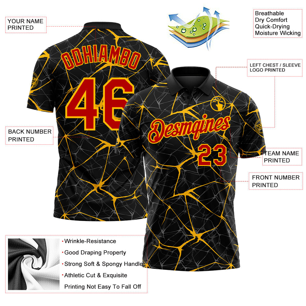Custom Black Red-Gold 3D Pattern Abstract Network Crackle Performance Polo Shirt